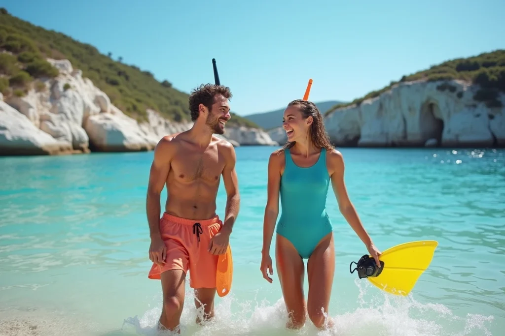 Deux amis sortant de l'eau après une session de snorkeling en Méditerranée, bienfaits des sports nautiques