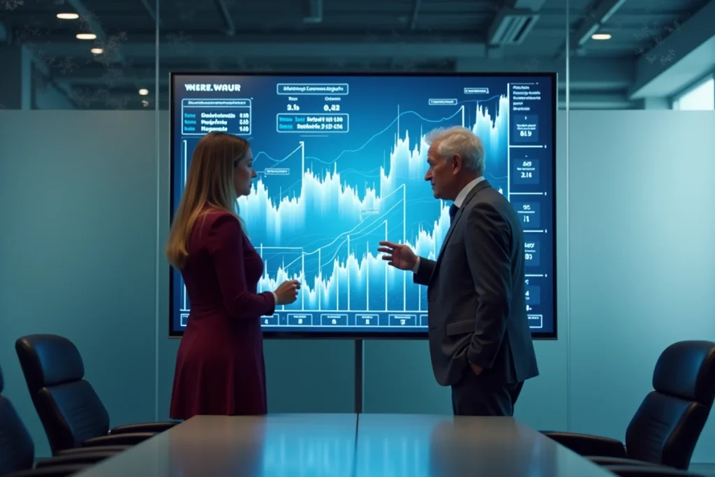 Deux professionnels analysant les performances d'une banque pour choisir la meilleure solution d'investissement