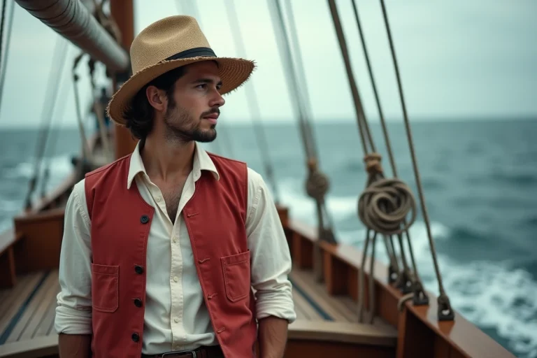 Jeune homme aventurier portant un chapeau de paille sur un voilier en bois face à l'océan ouvert, évoquant l'univers maritime de One Piece