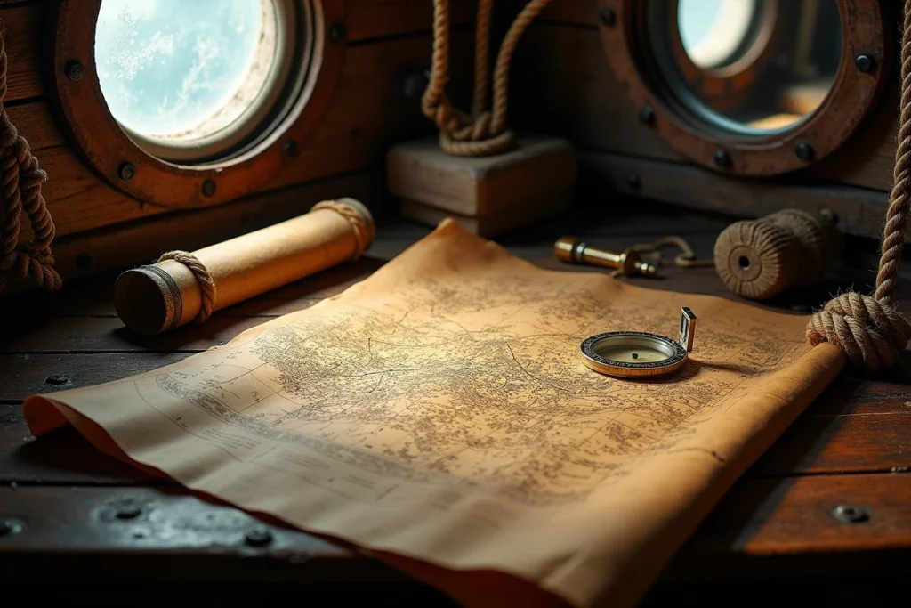 Cartes nautiques anciennes, boussole et télescope sur une table en bois dans une cabine de bateau pirate, évoquant les secrets et trésors de One Piece
