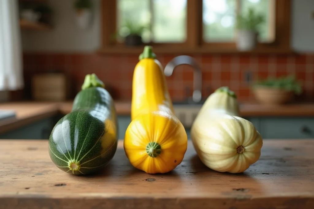 Comparaison de trois courgettes sur une table en bois pour identifier les signes d'amertume et de mauvaise maturité