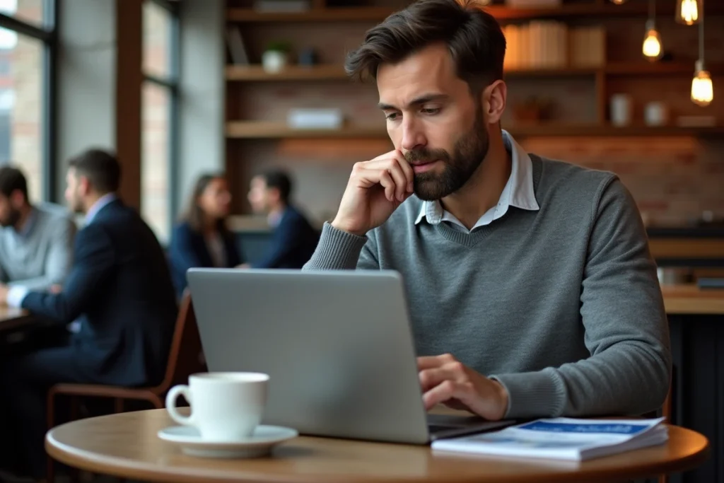 Homme comparant des offres bancaires pour optimiser ses investissements depuis un café urbain