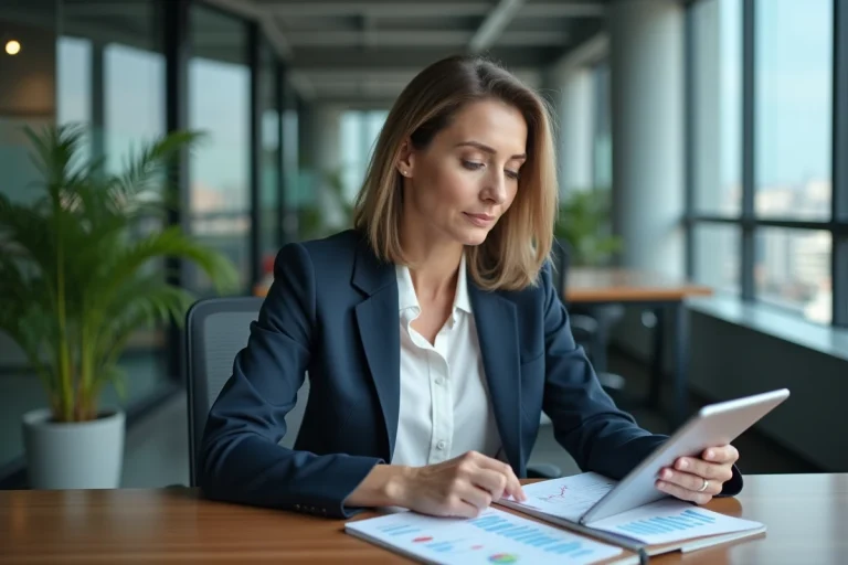 Conseillère bancaire professionnelle analysant des graphiques d'investissement financier dans un bureau moderne