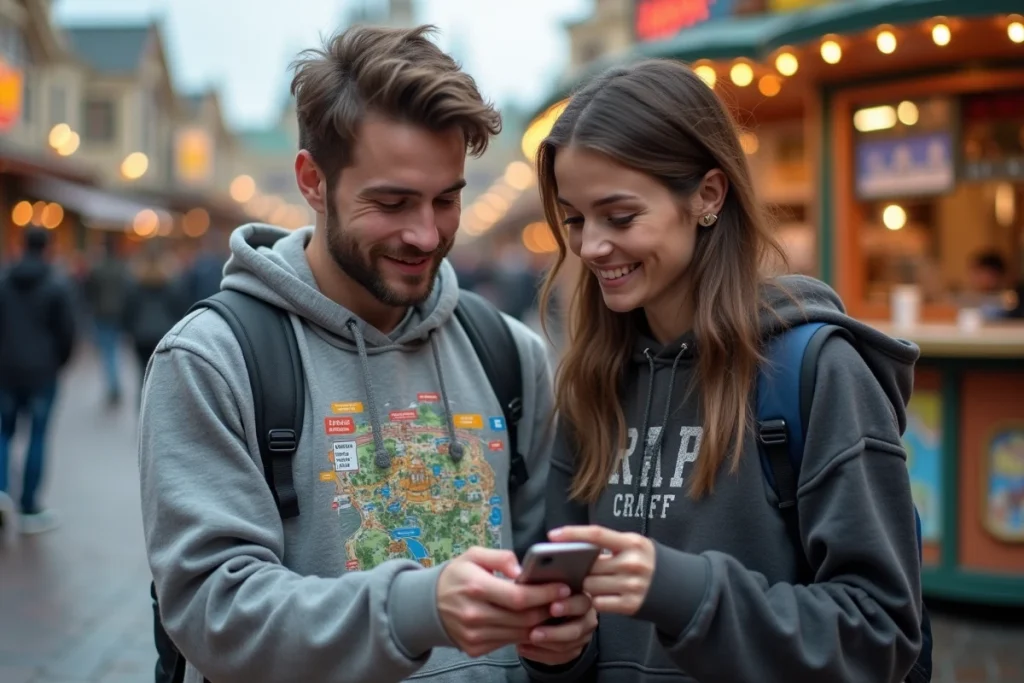 Couple consultant une carte PDF numérique sur smartphone pour optimiser leur visite à Disneyland Paris