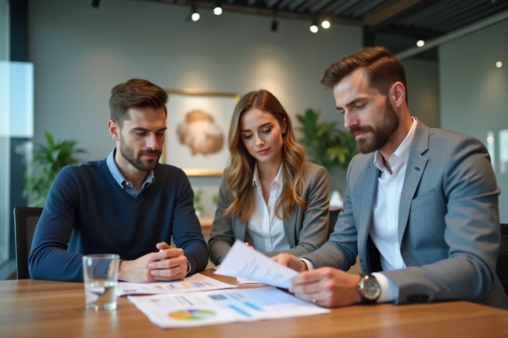 Couple rencontrant un conseiller financier pour souscrire une assurance vie