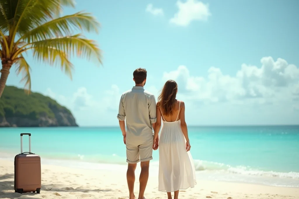 Couple en tenue estivale debout dos à l'objectif sur une plage tropicale avec bagages, évoquant une lune de miel tendue et une relation difficile