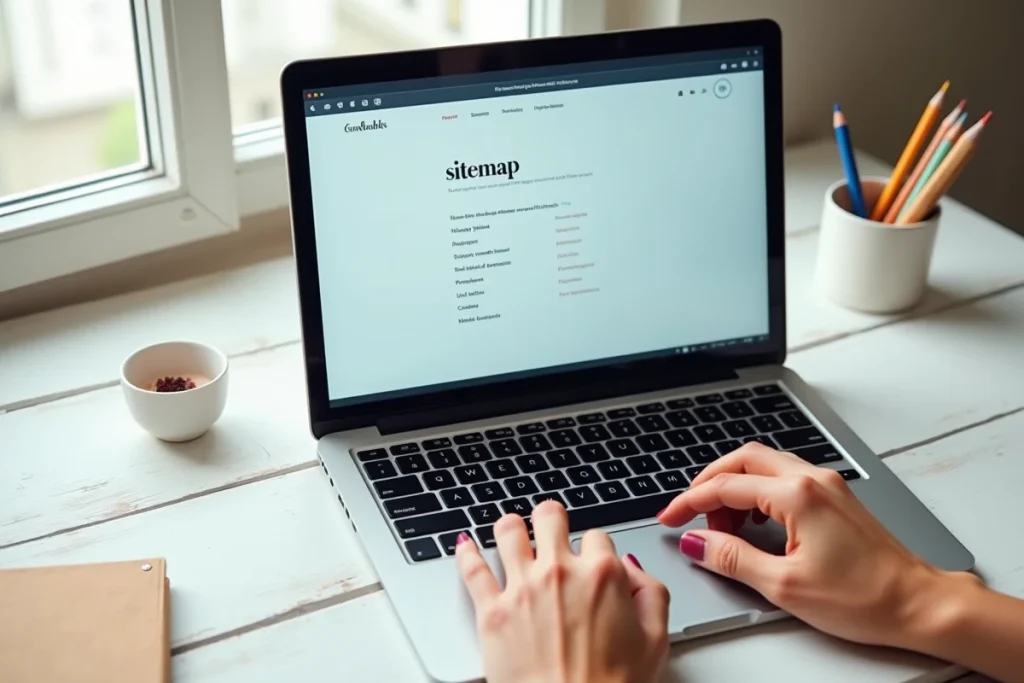 Écran d'ordinateur affichant le plan du site d'une boutique de petite décoration avec navigation structurée