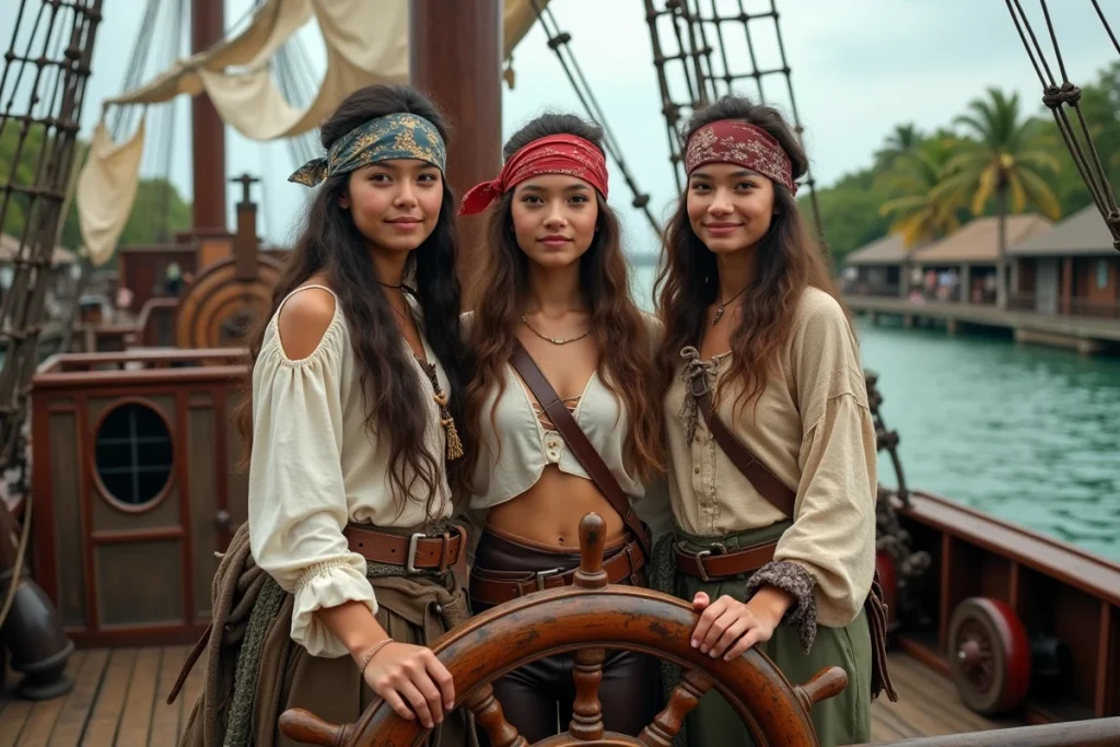 Groupe de jeunes aventuriers en tenue de pirates autour d'une roue de gouvernail sur un galion en bois dans un port tropical, inspiré de l'esprit d'équipage de One Piece