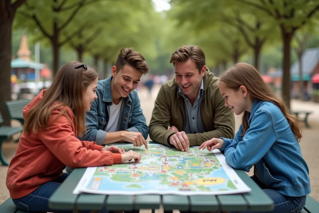 Famille planifiant leur journée à Disneyland Paris autour d'une carte PDF imprimée avec les temps d'attente