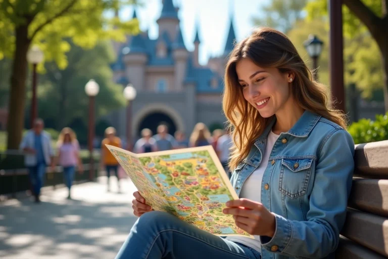 Femme consultant une carte PDF imprimée de Disneyland Paris sur un banc près de l'entrée du parc