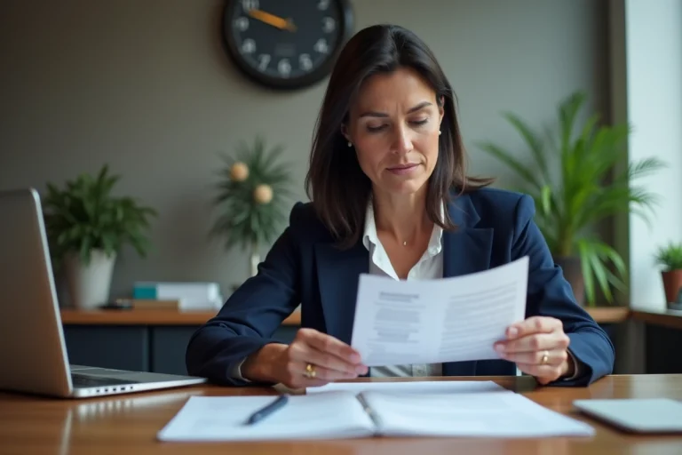 Femme consultant un contrat d'assurance vie dans une agence bancaire française