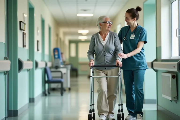 Femme âgée utilisant un déambulateur à roulettes en rééducation hospitalière après une prothèse de hanche