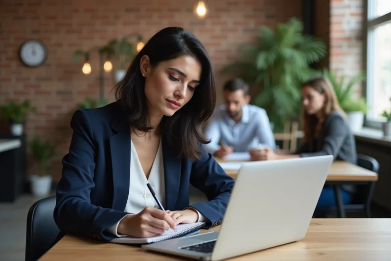 Femme professionnelle prenant des notes lors d'une formation en co-working space moderne en 2024
