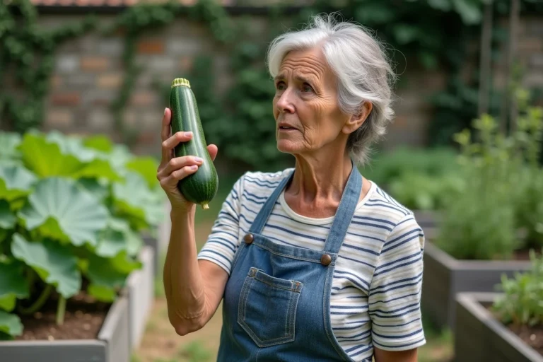 Femme au jardin tenant une courgette amère et l'inspectant avec attention avant la récolte