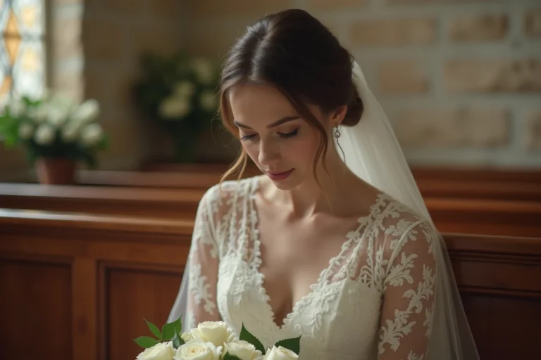 Femme en robe de mariée assise seule dans une chapelle, tenant un bouquet de roses blanches, expression pensive évoquant un mariage et un divorce