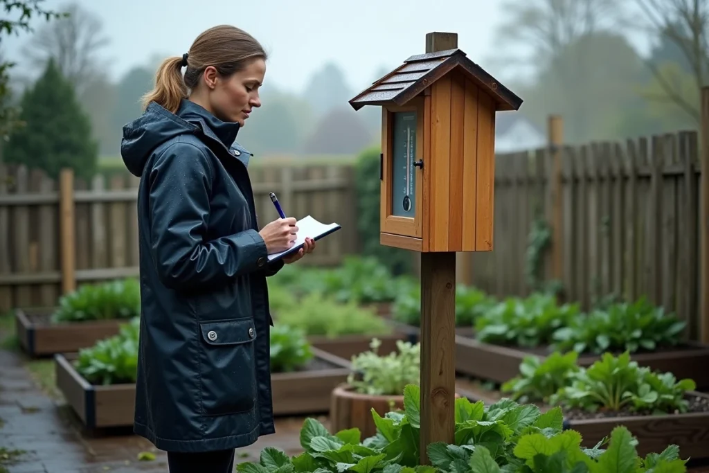 Femme consultant un thermomètre extérieur sur un poteau de jardin potager par temps pluvieux en notant la température