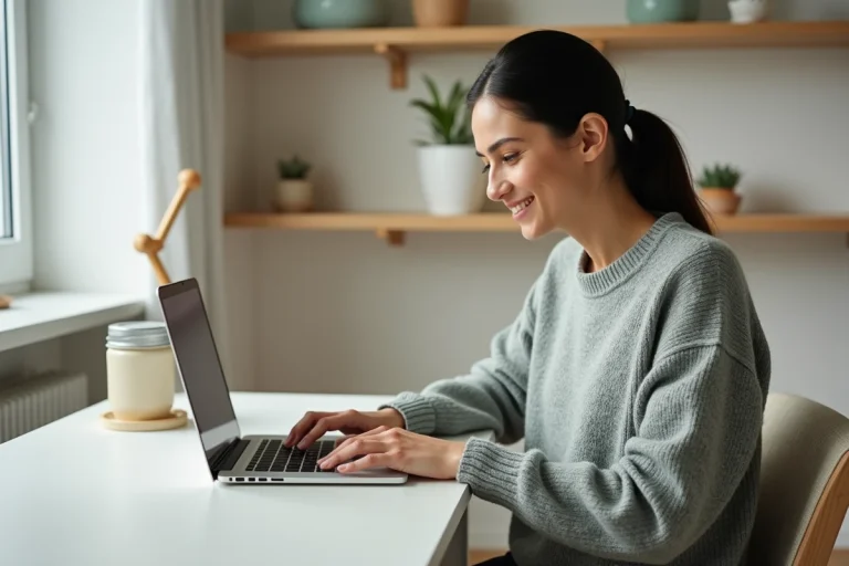 Femme naviguant sur le plan du site d'une boutique de décoration intérieure depuis son bureau à domicile