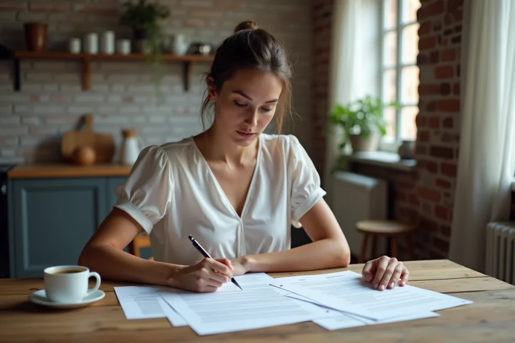 Femme en robe blanche signant des documents de divorce à une table en bois dans un appartement, expression résolue et mélancolique