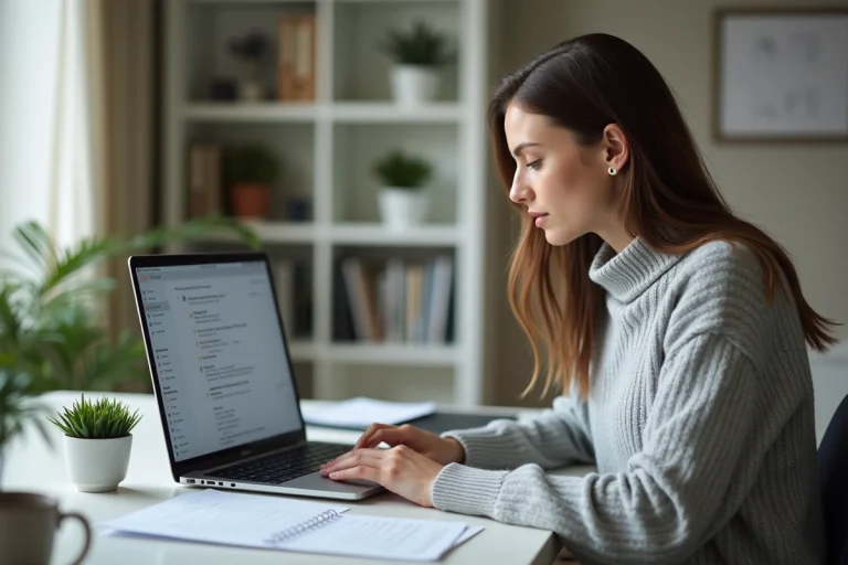 Femme gérant des documents administratifs numériques sur un ordinateur portable dans un bureau à domicile moderne