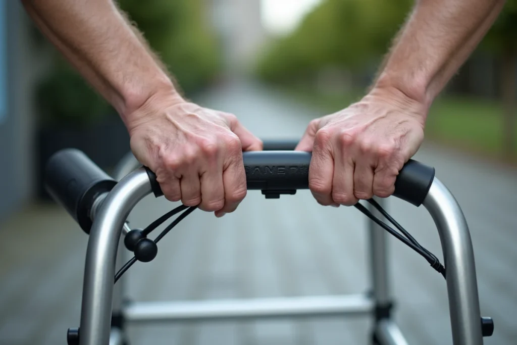 Gros plan sur les mains d'une personne âgée tenant les poignées ergonomiques d'un rollator après chirurgie prothèse hanche