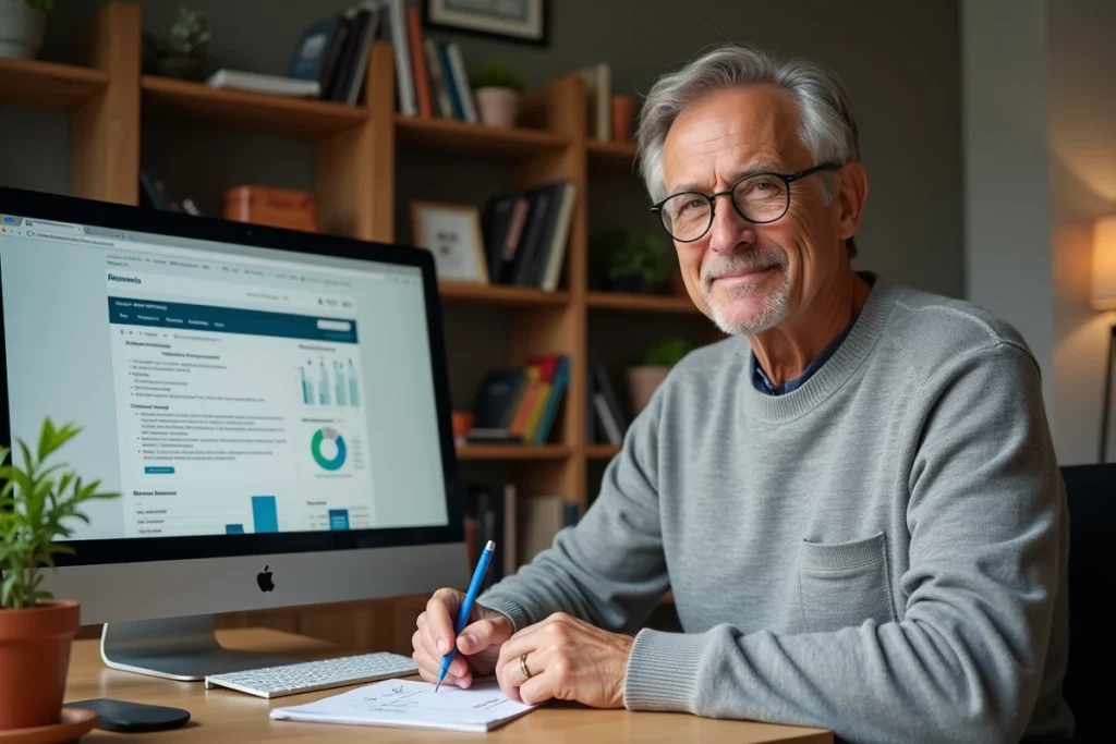 Homme comparant des offres d'assurance vie sur ordinateur depuis son bureau à domicile