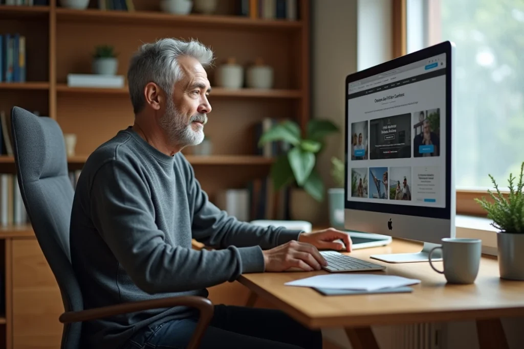 Homme adulte suivant une formation en ligne depuis son bureau à domicile sur un écran d'ordinateur