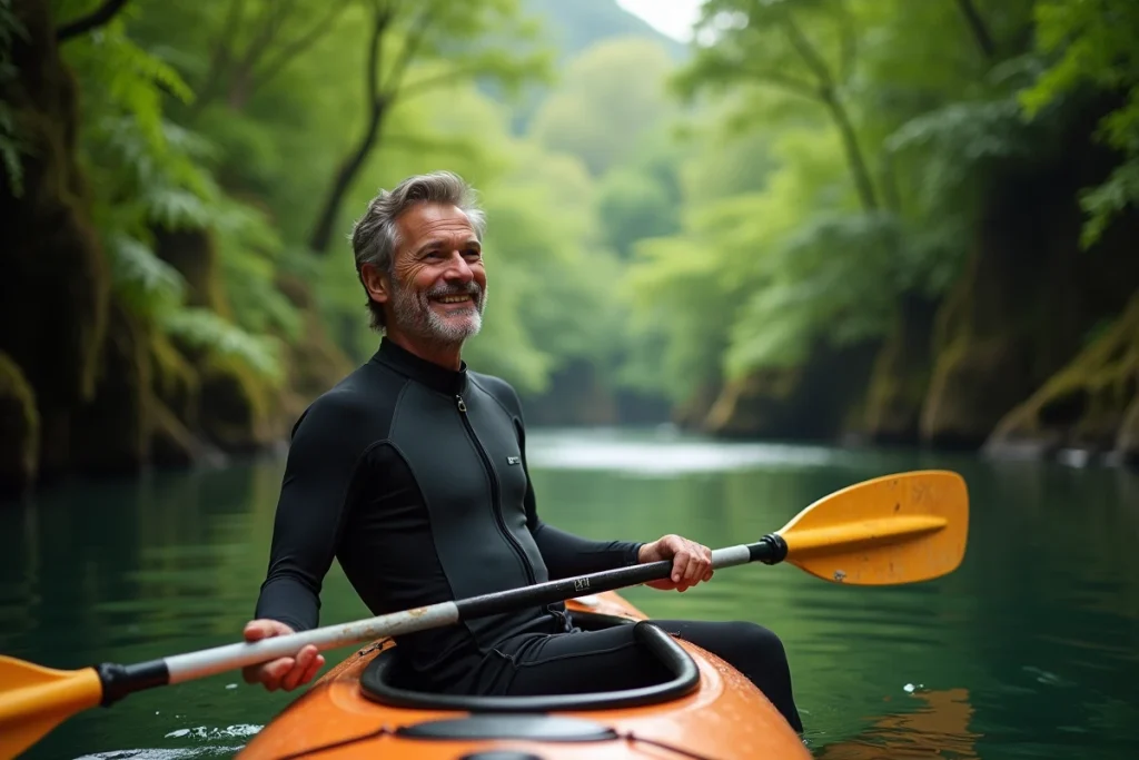 Homme en kayak sur une rivière verdoyante, activité nautique pour la santé physique et mentale