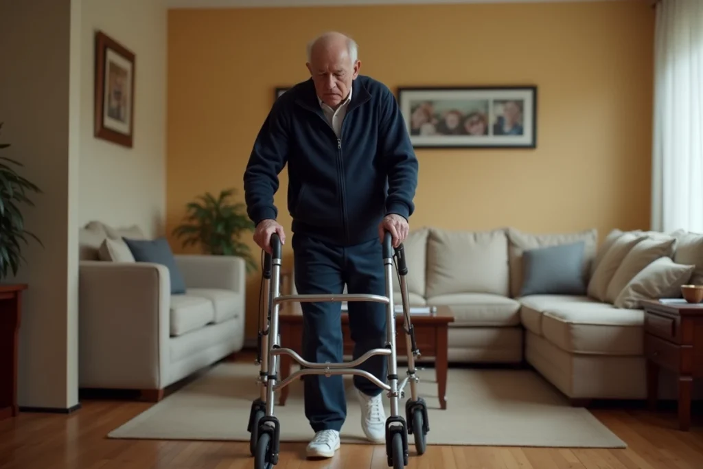 Homme senior se déplaçant avec un déambulateur pliable léger chez lui après une opération de la hanche