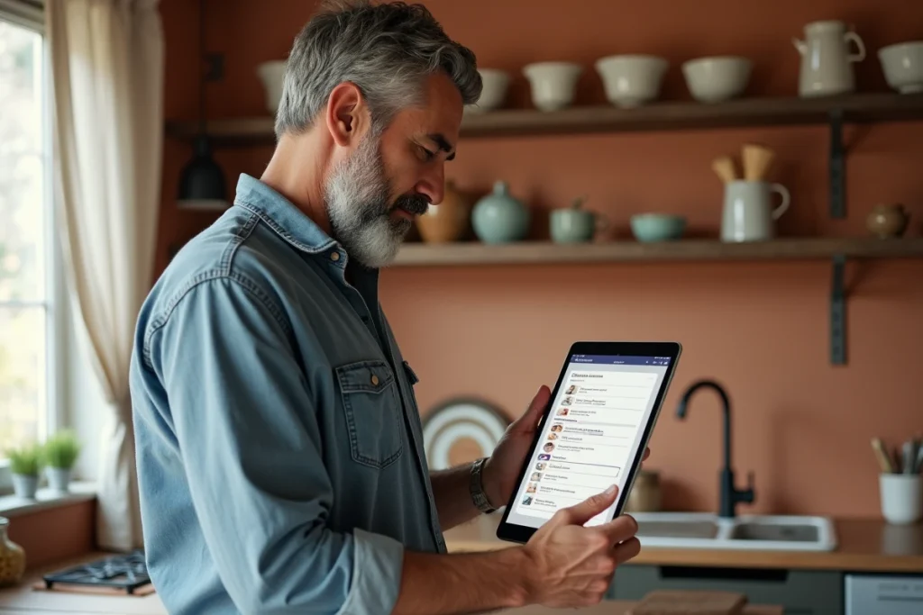 Homme consultant le plan du site d'une boutique déco sur une tablette dans une cuisine moderne