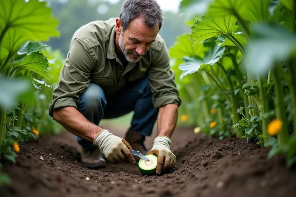 Jardinier récoltant une courgette au ras du sol en identifiant les signes extérieurs d'une courgette potentiellement amère