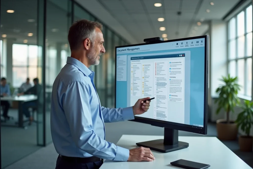 Homme utilisant un logiciel de gestion documentaire numérique sur grand écran tactile dans un bureau professionnel en open space
