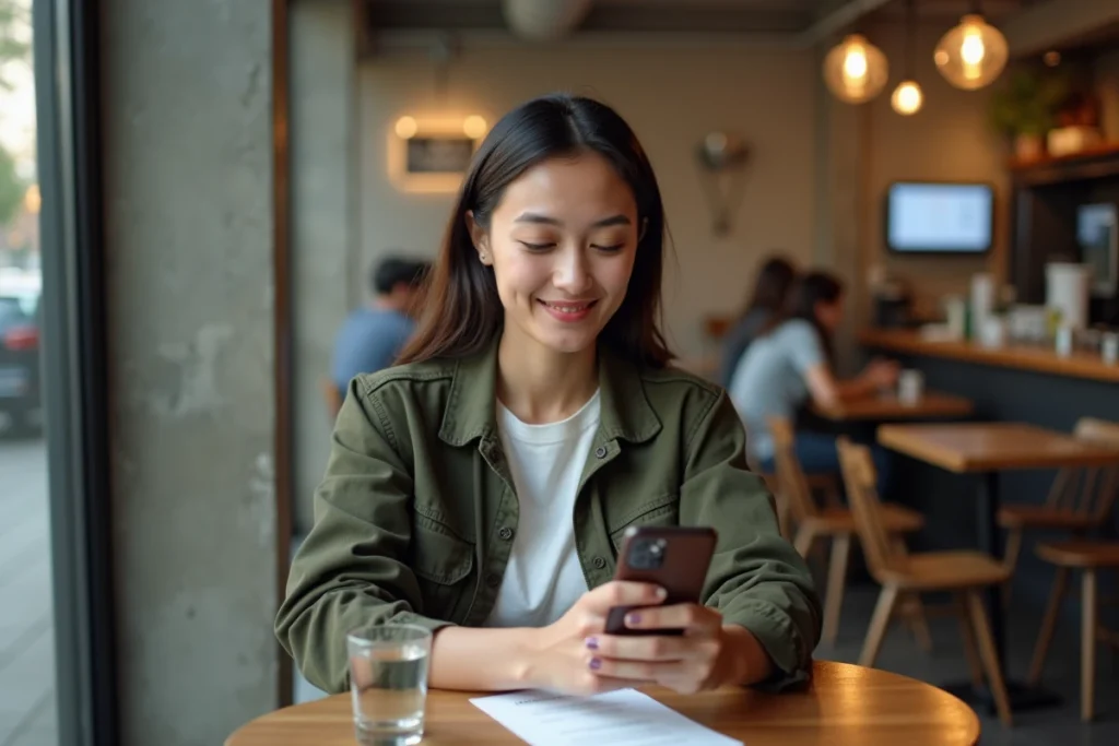 Jeune femme numérisant des documents administratifs avec une application mobile dans un café urbain moderne