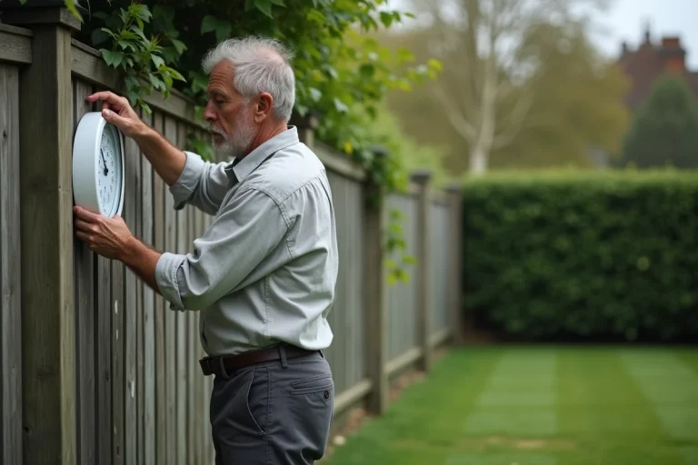 Homme installant un thermomètre extérieur sur un poteau en bois à l'ombre dans un jardin suburban