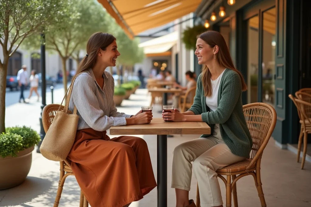 Deux femmes tendance en tenues saisonnières assises en terrasse de café dans un cadre méditerranéen