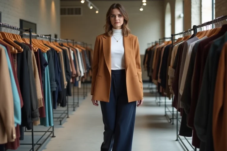 Femme stylée en blazer camel et pantalon large indigo dans une boutique de mode parisienne minimaliste