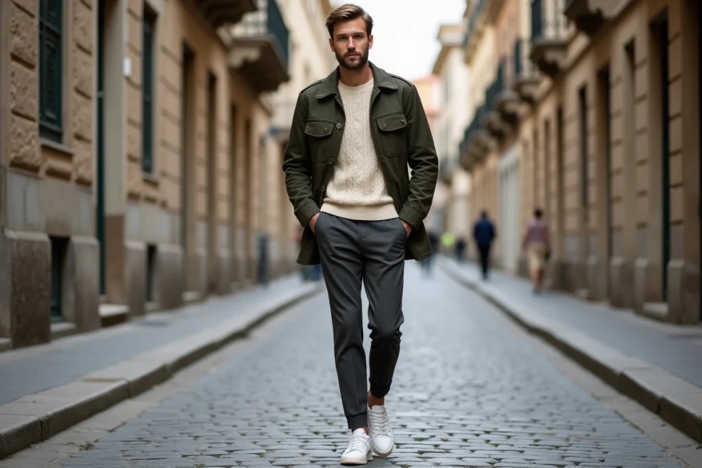 Homme élégant en veste field kaki et pull crème dans une rue pavée européenne au style urbain tendance