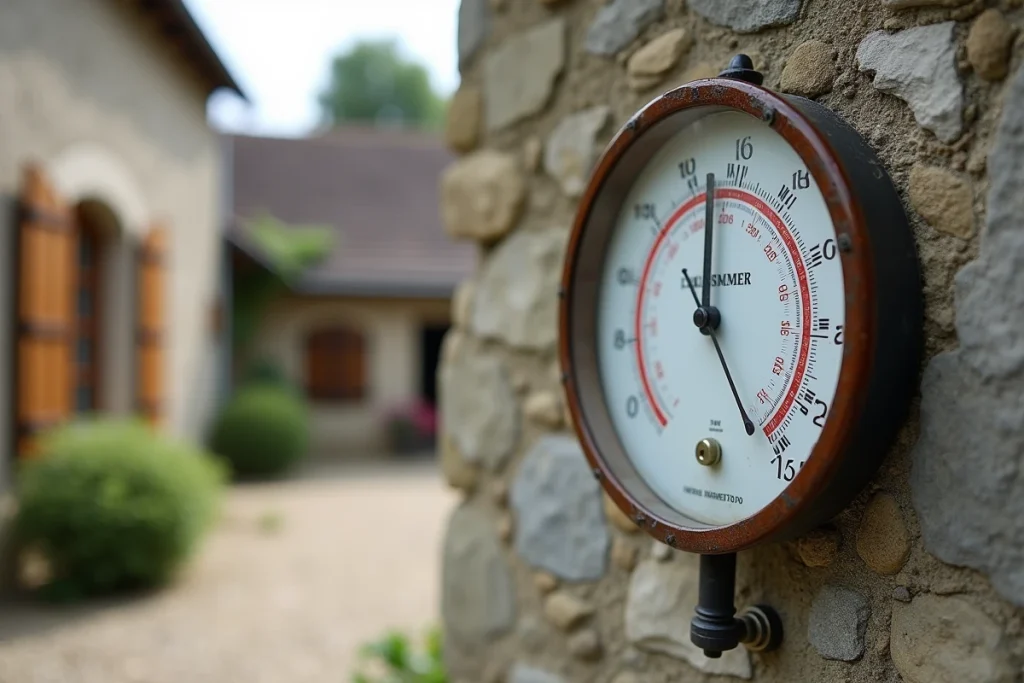 Gros plan d'un thermomètre extérieur fixé sur un mur en pierre à l'ombre côté nord d'une maison de campagne française