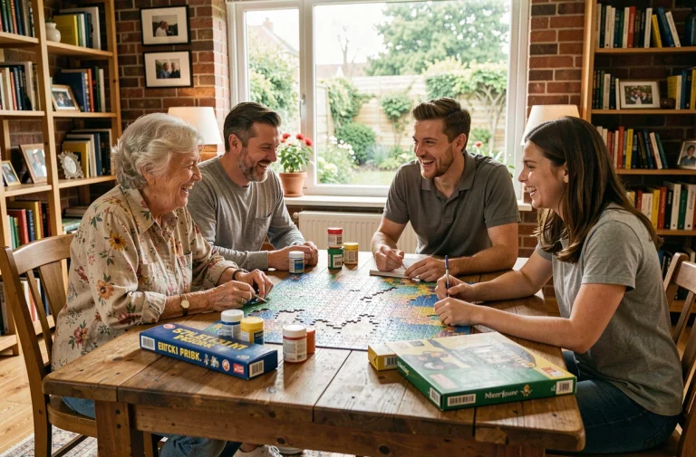 Famille multigénérationnelle réunie autour d'activités de loisirs créatifs à la maison