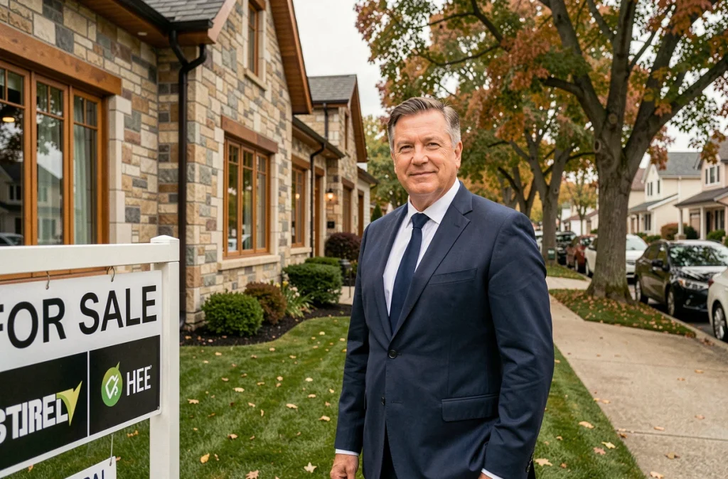 Agent immobilier devant une maison à vendre en banlieue française, tendances immobilières 2024
