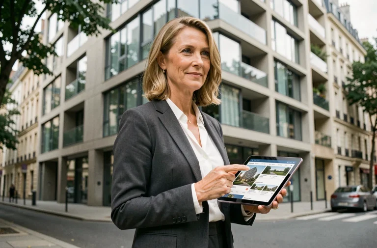 Agente immobilière tenant une tablette devant un immeuble moderne en 2024, tendances du marché immobilier