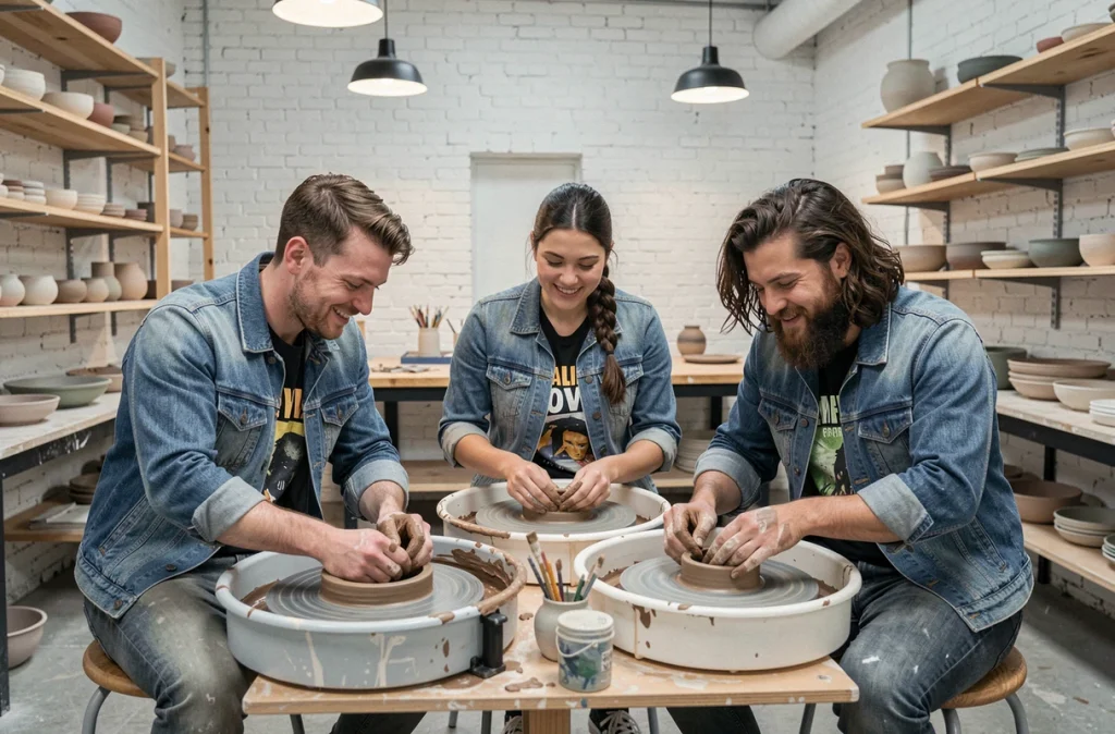 Groupe d'amis adultes faisant de la poterie dans un atelier de céramique moderne, activité de loisirs créatifs
