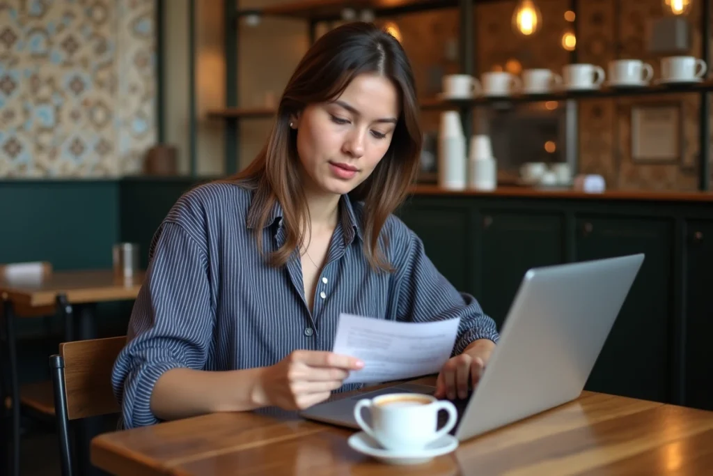 Jeune femme consultant une commande en ligne d'une boutique parisienne dans un café avec reçu et ordinateur portable
