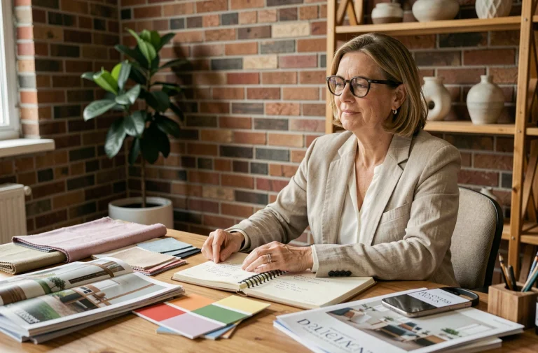 Femme architecte d'intérieur assise à un bureau en bois avec des échantillons de tissu, nuanciers de peinture et un carnet de budget pour une décoration personnalisée