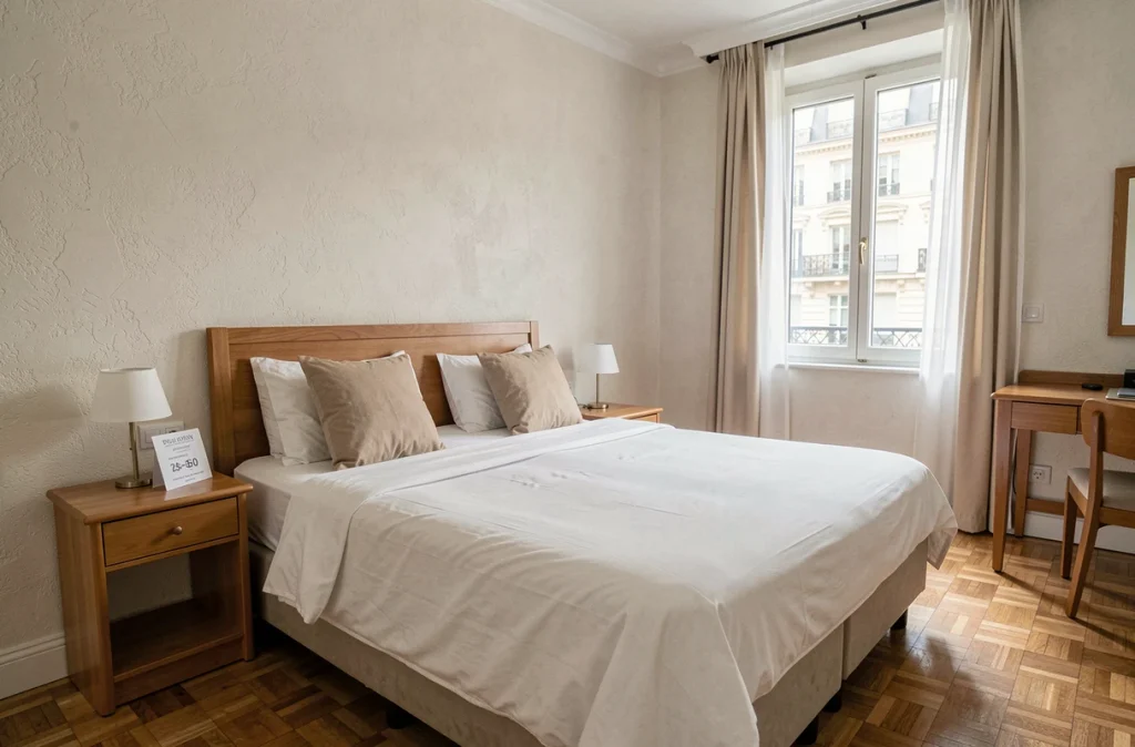 Chambre d'hôtel standard en France avec tarif affiché, vue intérieure réaliste
