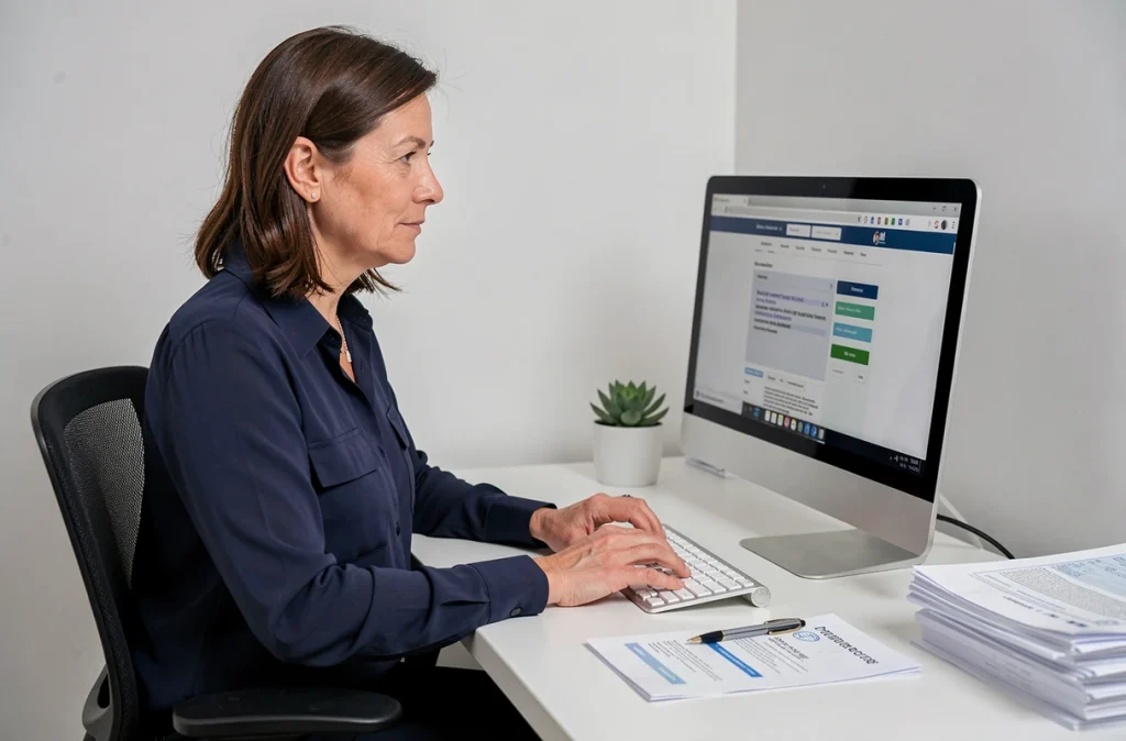 Femme d'âge moyen modifiant une adresse postale pour un colis Colissimo sur un ordinateur de bureau dans un bureau à domicile organisé