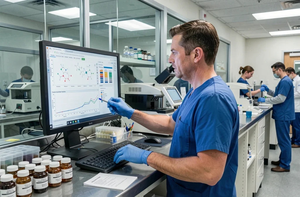 Chercheur pharmaceutique masculin analysant des données de recherche clinique sur un écran dans un laboratoire médical moderne