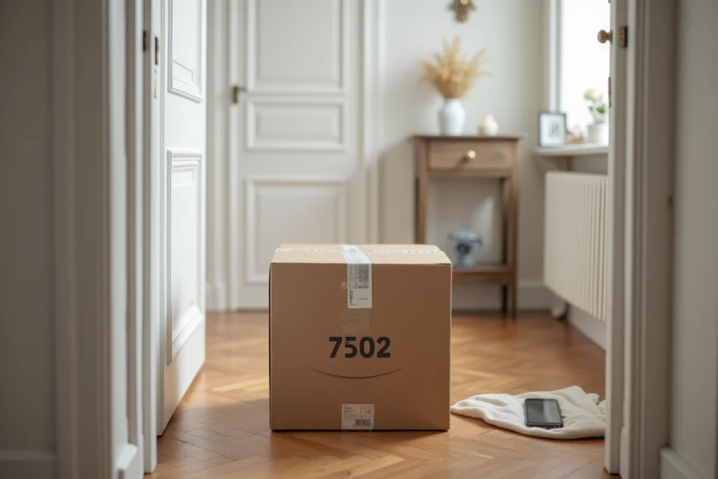 Colis de livraison non ouvert posé sur le parquet d'un appartement parisien avec étiquette d'expédition visible