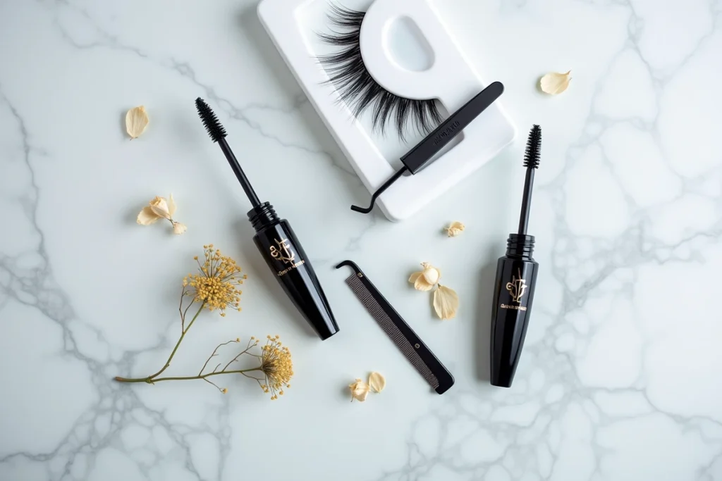 Comparaison entre mascara et faux cils disposés en flat lay sur marbre gris pour sublimer les cils