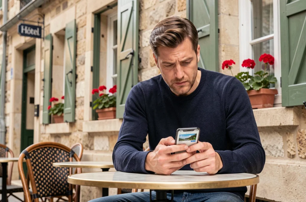 Un homme consulte les prix des hôtels en France sur son smartphone devant un hôtel de province