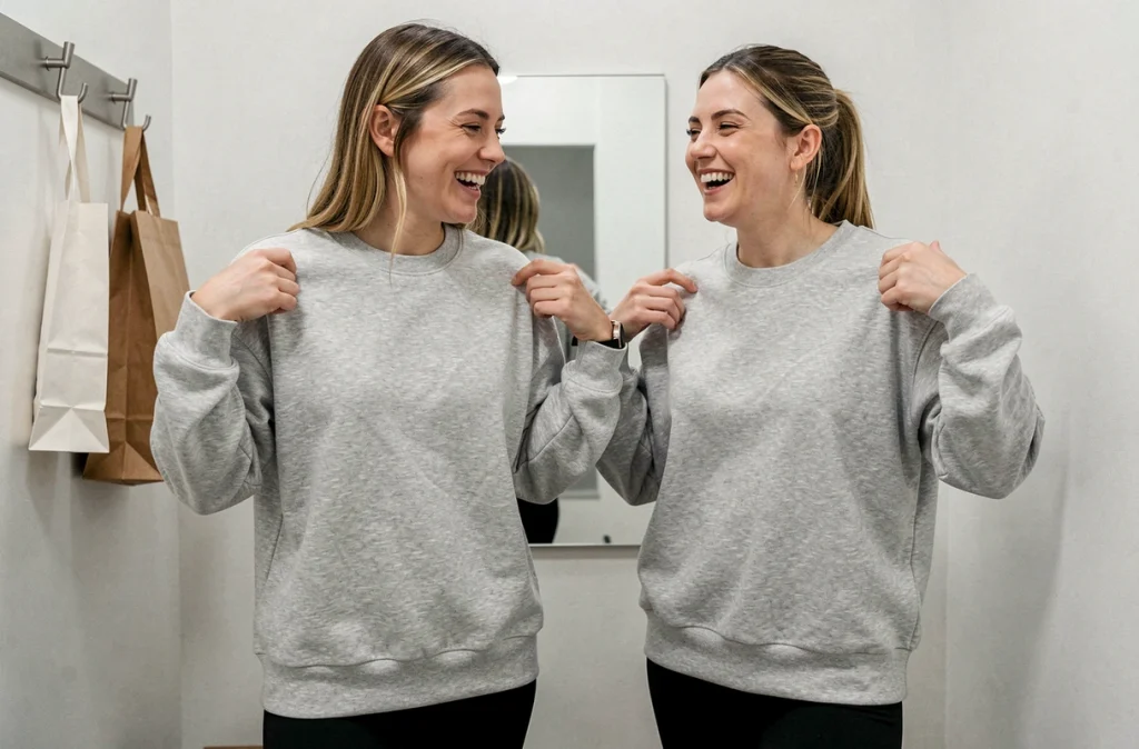 Deux femmes comparant différentes tailles du même sweat Uniqlo dans une cabine d'essayage